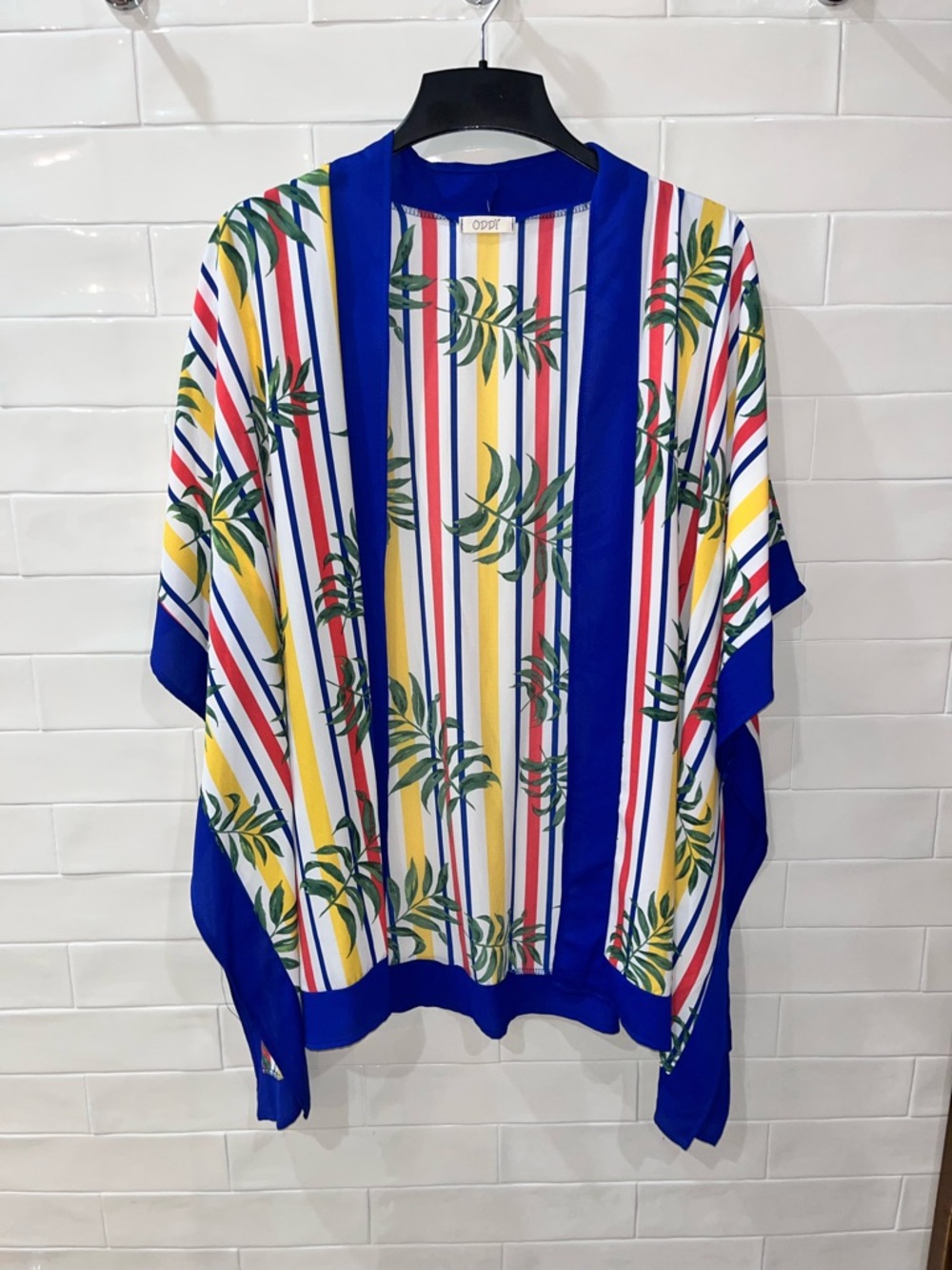 Kimono Style Wrap Coverup Bright Stripes and Palm Leaves Oddi OS Bohemian